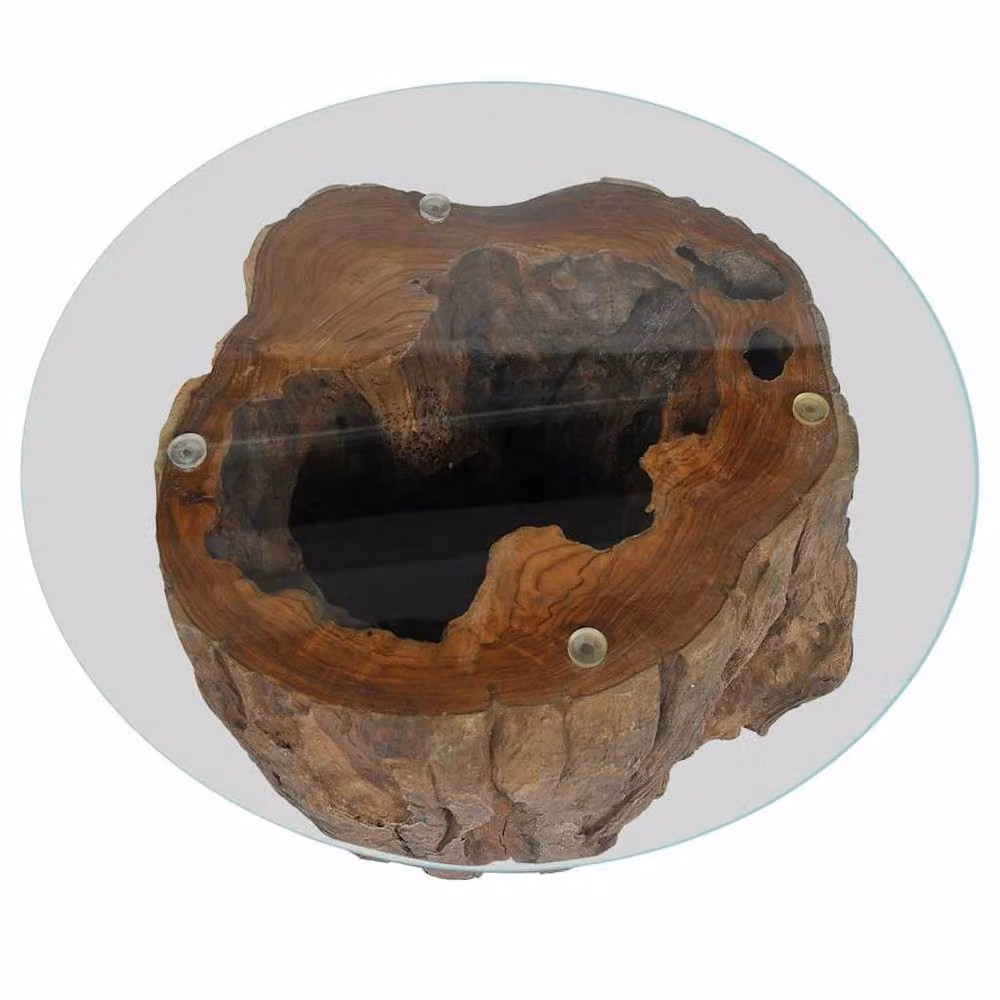 Berkfield Home Round Teak and Glass Coffee Table in Brown W: 50 cm, D: 40 cm – 3