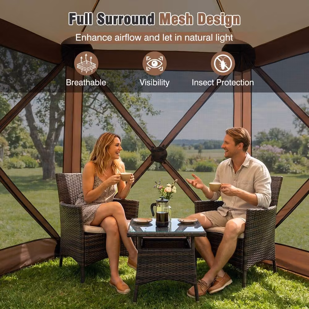 Costway Foldable 6-Sided Garden Gazebo with Net Sides and Zipped Door in Brown, W/D/H: 300 x 300 x 230 cm – 8