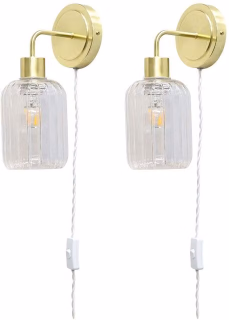 First Choice Lighting Toby Set of 2 Plug in Wall Lights in Gold and Brass with Transparent Glass Shades – 1