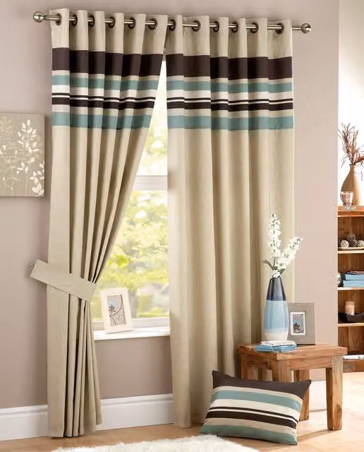 Terrys Harvard Ready Made Striped Eyelet Curtains in Duckegg Blue, Brown and Beige