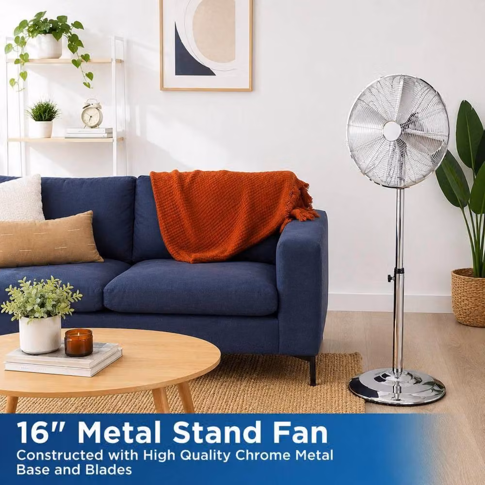 Dyzi 16 Inch Metal Pedestal Stand Fan with Oscillation in Silver – 2