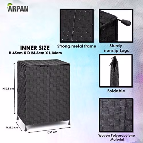 Arpan Collapsible Nylon Laundry Hamper Basket with Lid and Handles, Black – 2