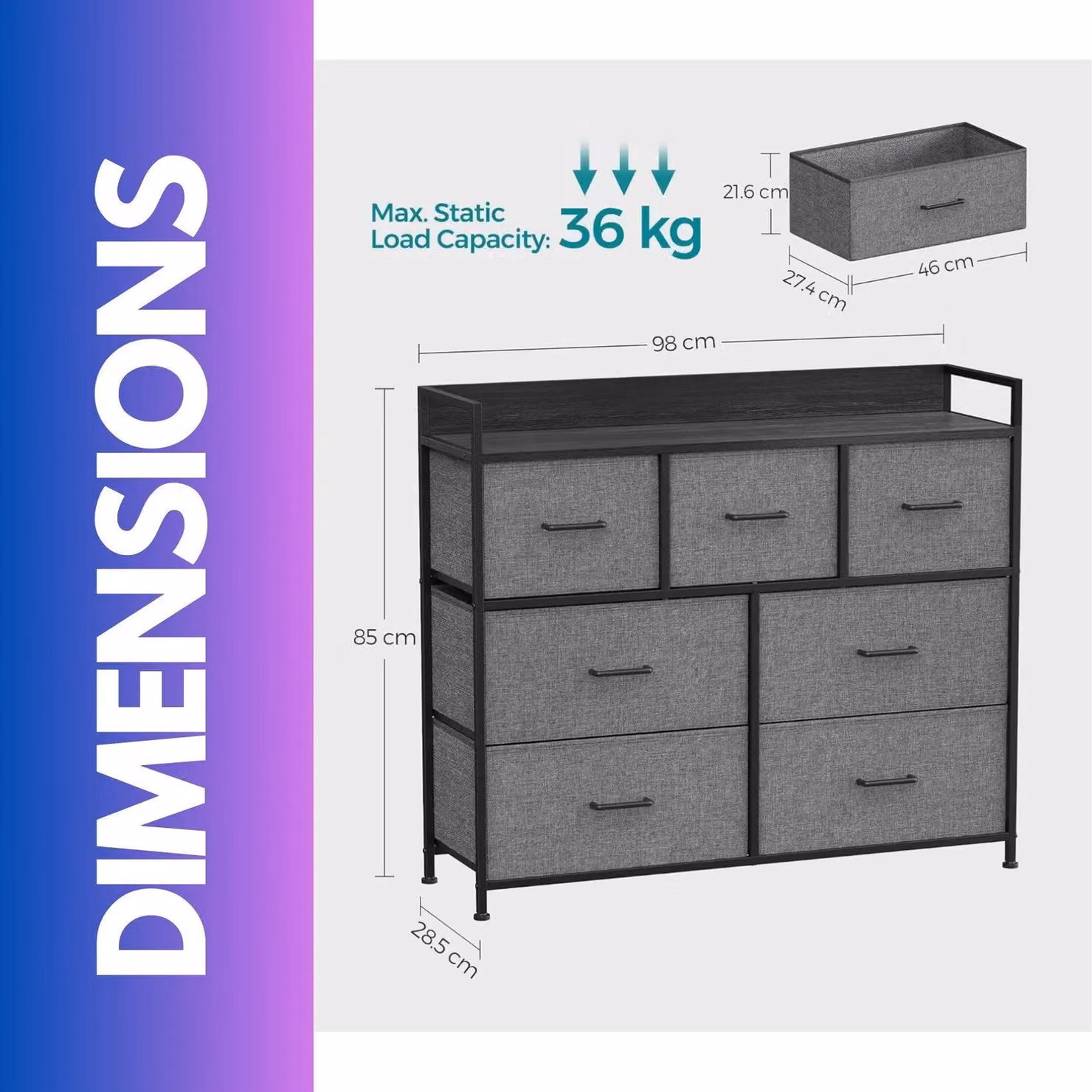 FURNOS Industrial Bedroom Chest with 7 Fabric Drawers in Grey – 2