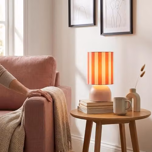 Happy Homewares Modern Pink and White Domed Table Lamp with Fabric Shade, H 33 cm x W 18 cm x D 18 cm – 2