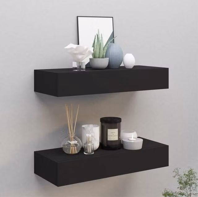 Berkfield Home Wall-mounted Drawer Shelves, 2 Piece Set in Black MDF and Metal, W: 60 cm, D: 23.5 cm, H: 10 cm