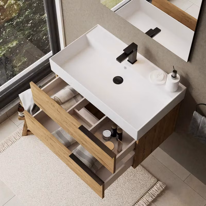 Banyetti Celtic 800mm Wall Hung Bathroom Vanity Unit with Veneto 1 Tap Hole Basin in Ostippo Light Oak, W/D/H: 80 x 45 x 48 cm – 3