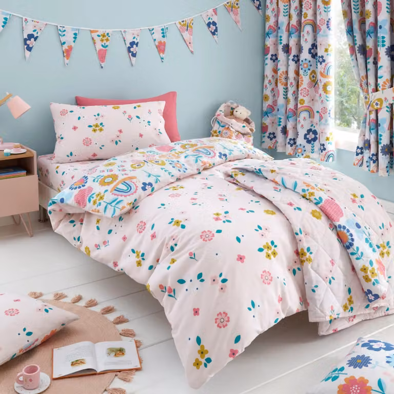 Happy Linen Company Kids Reversible Floral Flower Garden and Butterflies Duvet Cover and Pillowcase Set, Multicolour, W: 90 cm, L: 200 cm