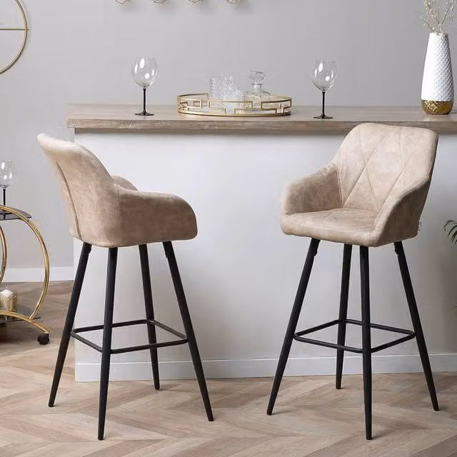 Wyld and Coco Beige Fabric Bar Stools with Arms and Quilted Back – 1