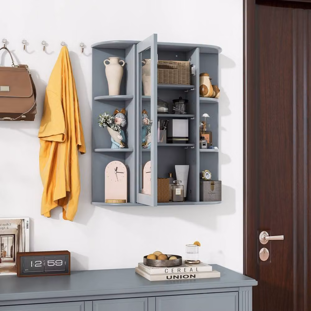 Costway Grey Wooden Wall Mounted Bathroom Medicine Cabinet with Mirror and Internal Shelves – 4
