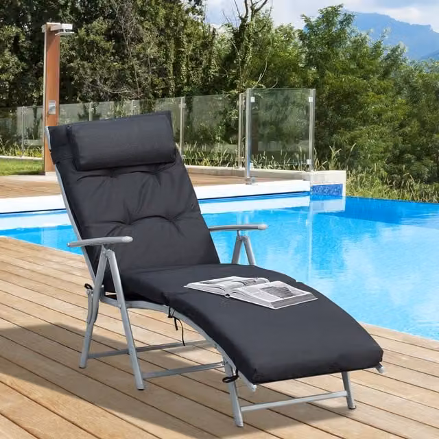 Outsunny Outdoor Patio Sun Lounger in Black with Adjustable Headrest and Powder Coated Steel Frame