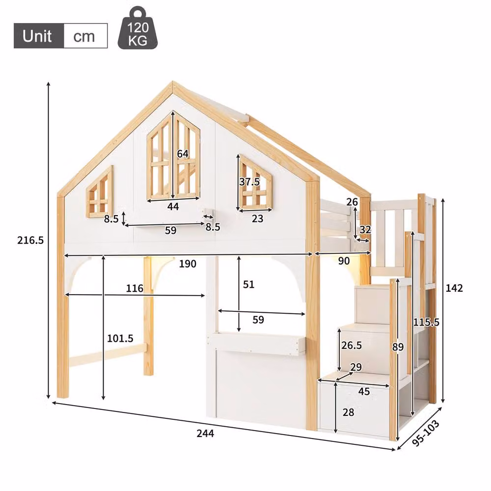 Merax White Wooden Childrens House Loft Bed with Storage Stairs and Under-Bed Lighting, W/D/H: 190 x 90 x 120 cm – 2
