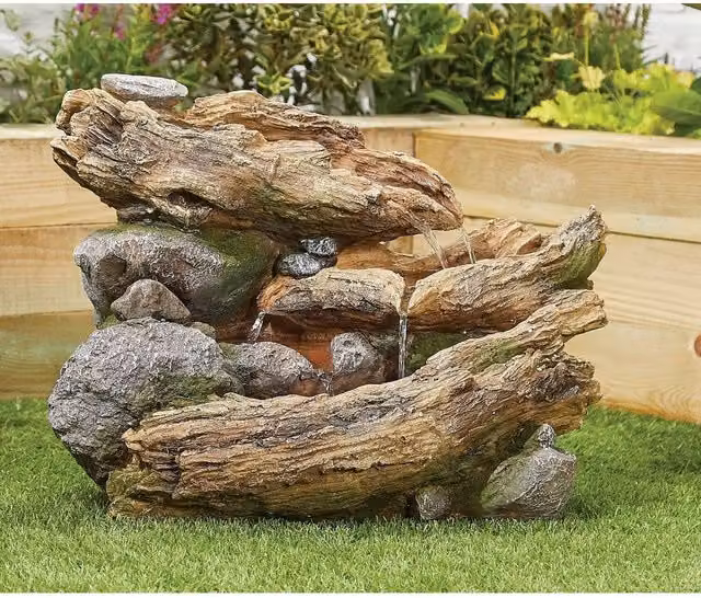 Tranquility Water Features Spring Stone Solar Water Feature in Grey Resin with Wood Effect