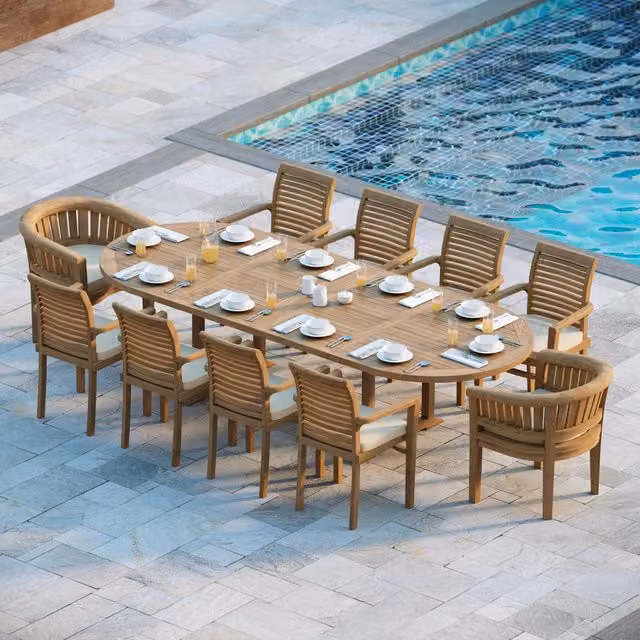 Eterna Milano Teak Garden Dining Table and 10 Chair Set with Cream Cushions in Brown