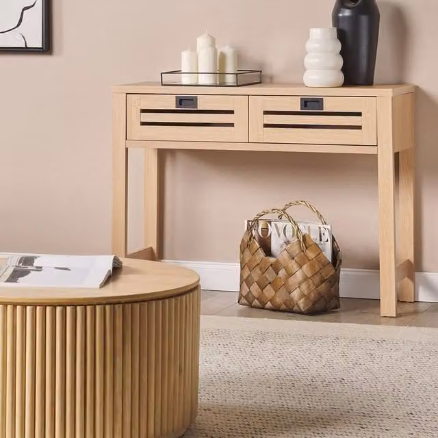 Wyld and Coco Console Table in Light Brown and Black with Two Drawers – 1