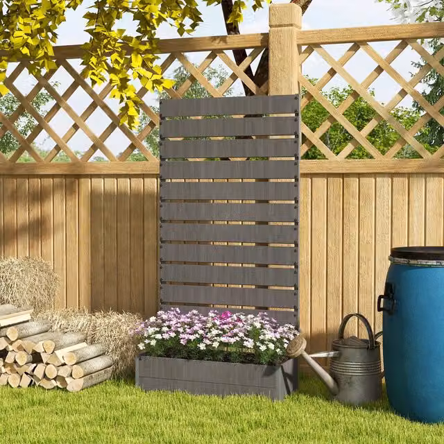 OUTSUNNY Raised Garden Bed with Trellis Standing Patio Planter Box in Dark Grey