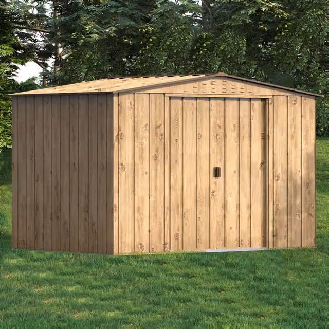 BillyOh Top Woodgrain Apex Metal Shed in Brown with Sliding Gable Doors