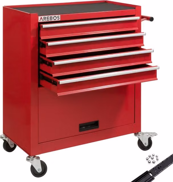 AREBOS Steel Tool Cabinet Cart Workshop Trolley with 4 Drawers, Red