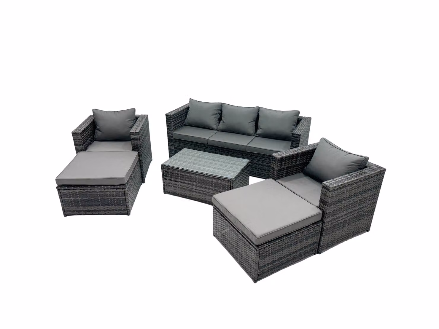 Fimous 7-Seater Patio Furniture Set in Grey with Outdoor Coffee Table, 3-Seater Sofa, Lounge Armchairs and Ottomans – 2