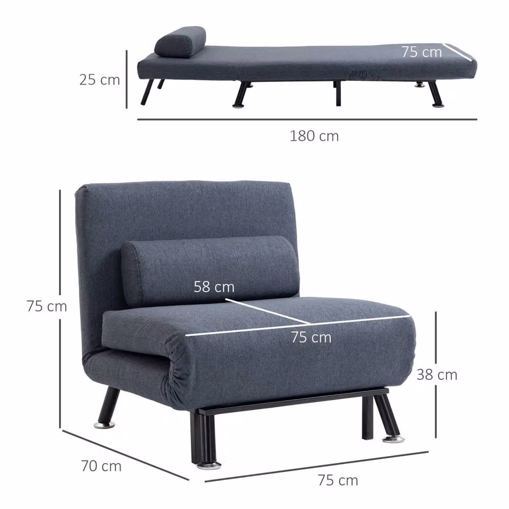 Wyld Haus Raha Linen Dark Grey 3 in 1 Convertible Chair Bed with Adjustable Backrest and Metal Frame – 4