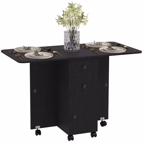 HOMCOM Extendable Drop Leaf Dining Table with Castors, Black, W: 60-120 cm, D: 30-60 cm, H: 76.5 cm – 1