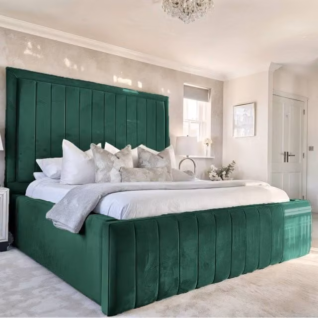 UK Bed Furniture Geneva Ottoman Gas Lift Upholstered Velvet Bed in Green, W/D: 90 x 190 cm