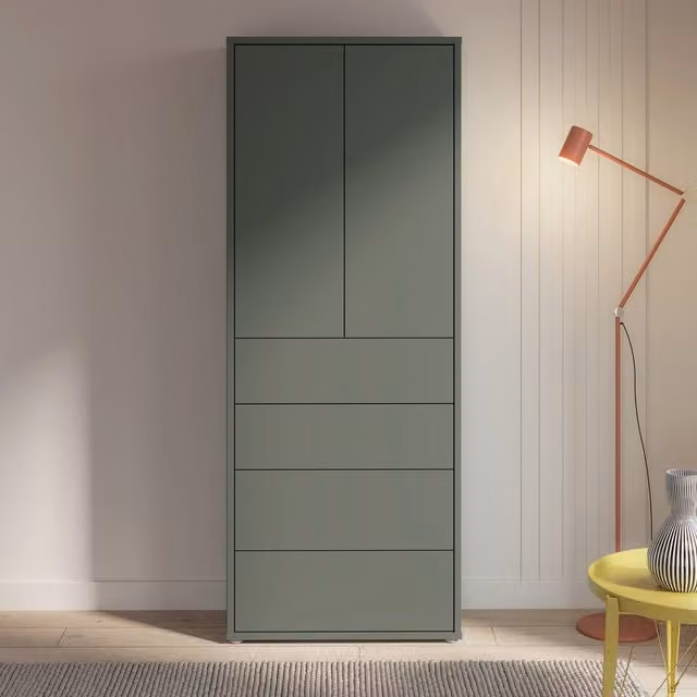 Furniture To Go Alice Springs Tall Storage Cabinet with Push-Open Doors and 4 Drawers in Sand and Sage Green