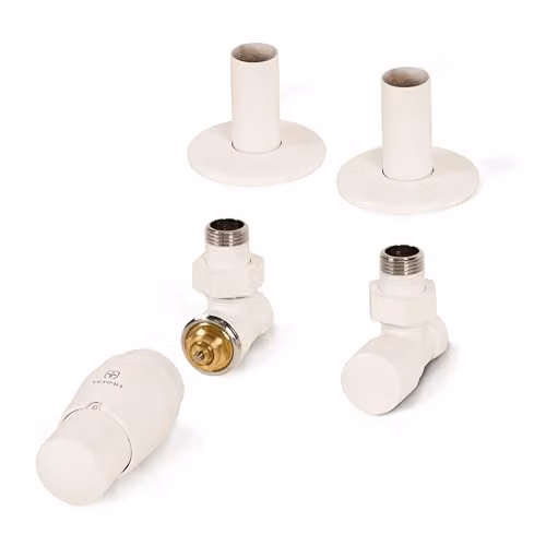 Terma Vario Royal Angled Thermostatic TRV Set with Pipe Masking in Matt White 9016