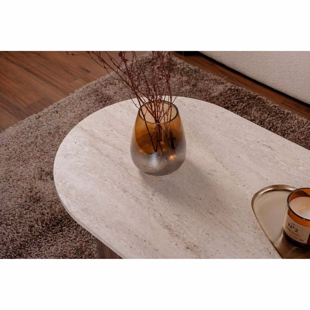 Decortie Sable Oval Coffee Table in Scandi-Japandi Style, Walnut Effect and Travertine Stone, W/D/H: 119 x 60 x 42 cm – 5