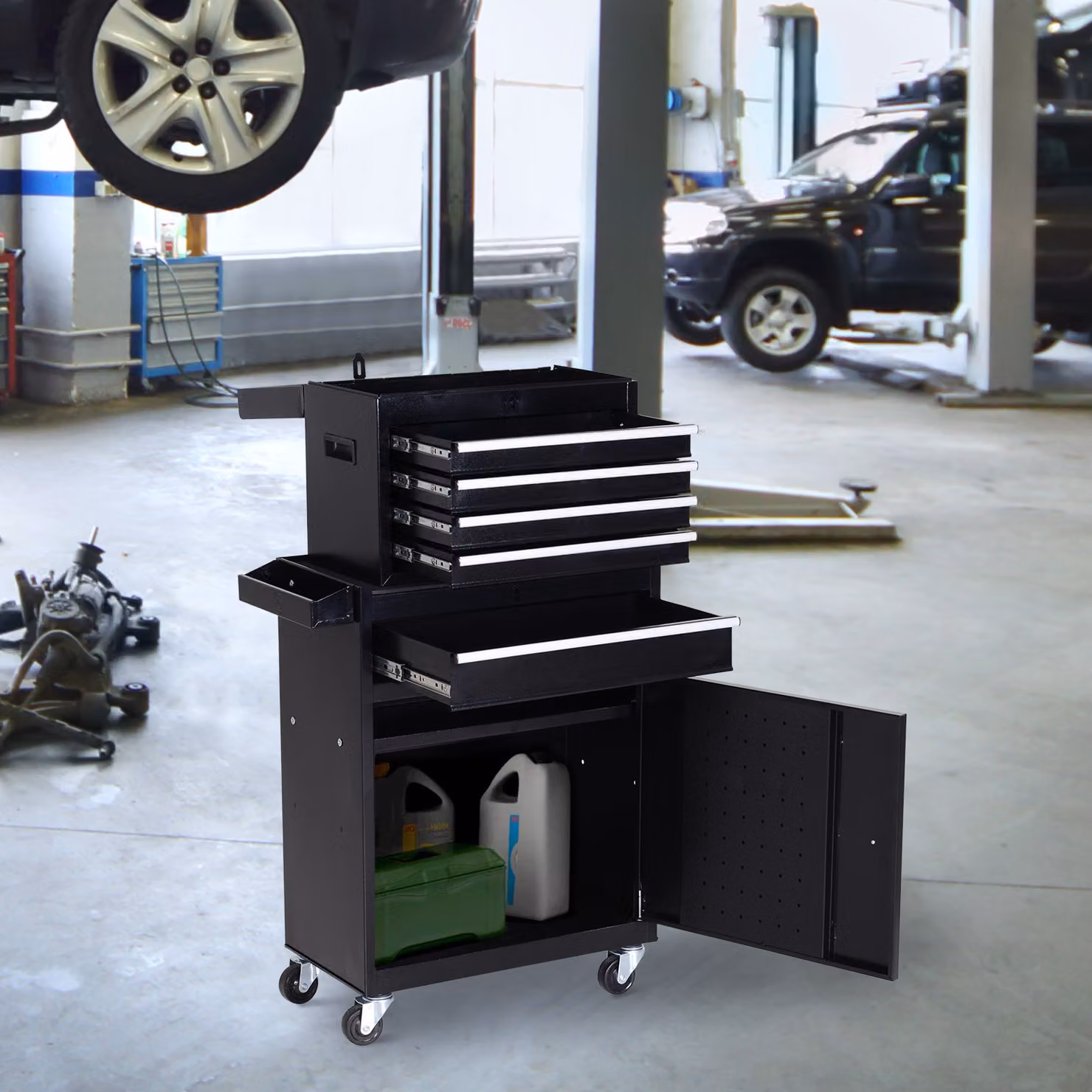 DURHAND Metal Tool Chest with 5 Drawers, Pegboard and Wheels, Black – 2