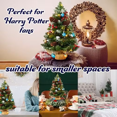 Harry Potter Pre-lit Mini Artificial Tabletop Christmas Tree with 12 Baubles and White LED String Lights in Green, White and Red – 8