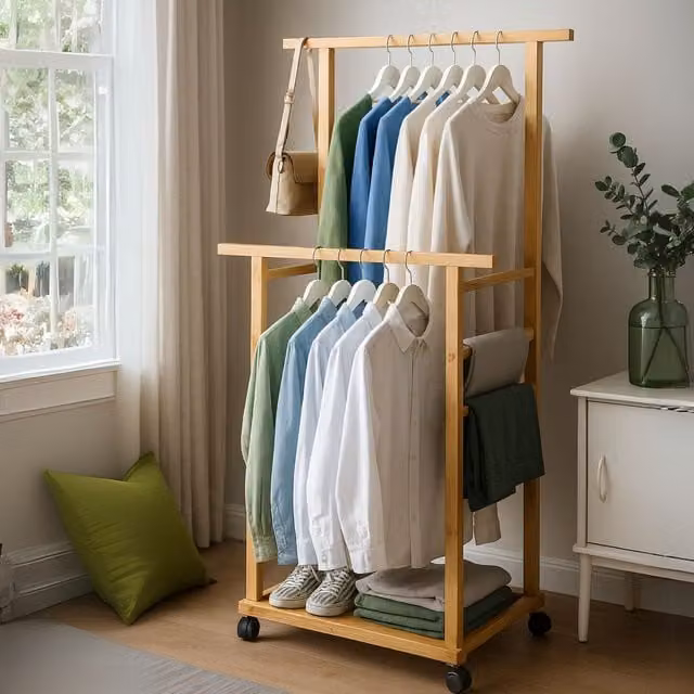 Rafaelo Mobilia Portable Wooden Clothes Rack and Open Wardrobe with Shoe Storage in Brown, H 154.5 x W 105.0 x D 80.0 cm – 1