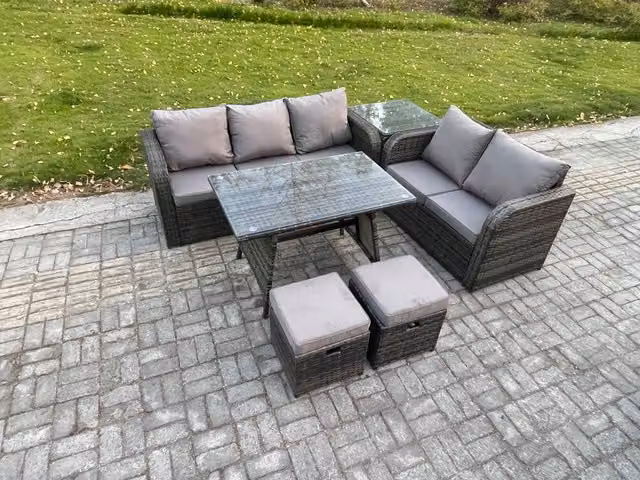 Fimous High Back PE Rattan Garden Furniture Set in Dark Grey with 3 Seater Sofa, Dining Table and 2 Footstools