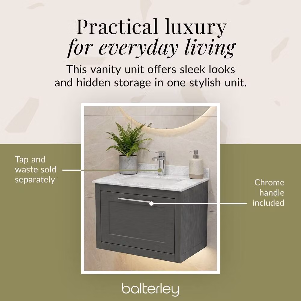 Balterley Blithbury 1 Drawer Vanity Basin Unit, Dark Grey Woodgrain with White Stone Top, Width: 60 cm – 3