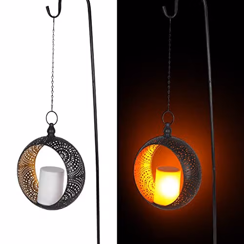 mysmartbuy Metal Hanging Lantern with Solar Powered LED Candle, Black and Gold Outdoor Garden Ornament, H60 x W24 x D10 cm – 3