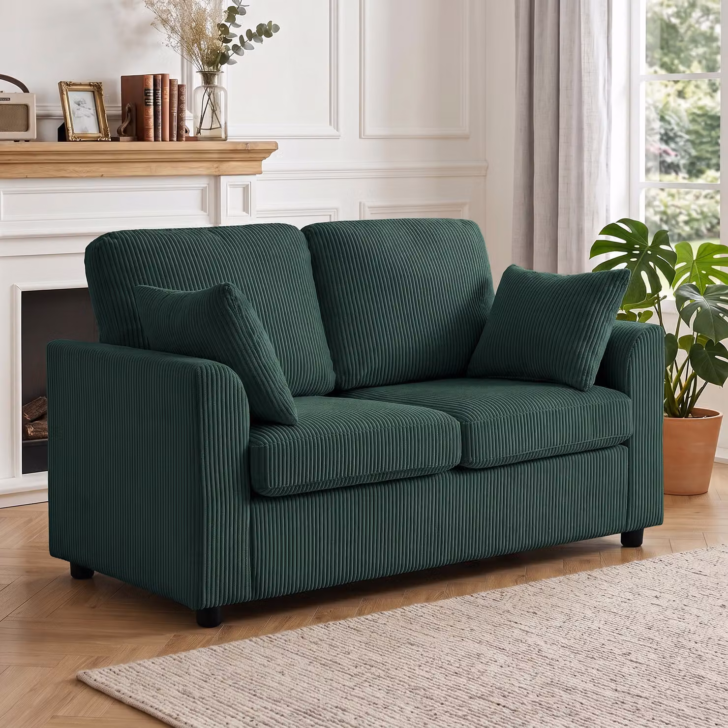 HOMCOM 2 Seater Corduroy Sofa in Dark Green with Scatter Cushions and Spring Cushions – 2