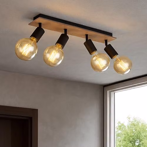 Globo Lighting Martha Industrial Ceiling Spotlight Bar in Black and Wood, 4x E27, L 49 cm – 4