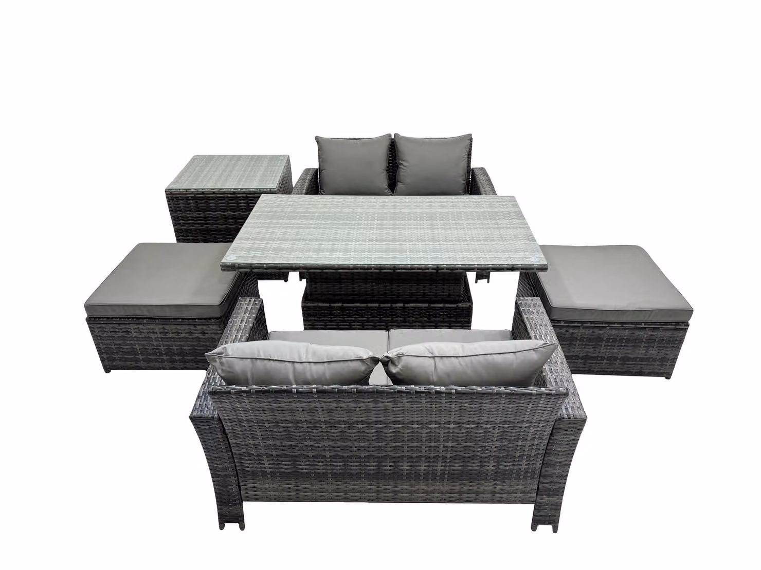 Fimous 6 Seat Outdoor Love Sofa Set with Large Stools in Dark Grey Rattan – 2