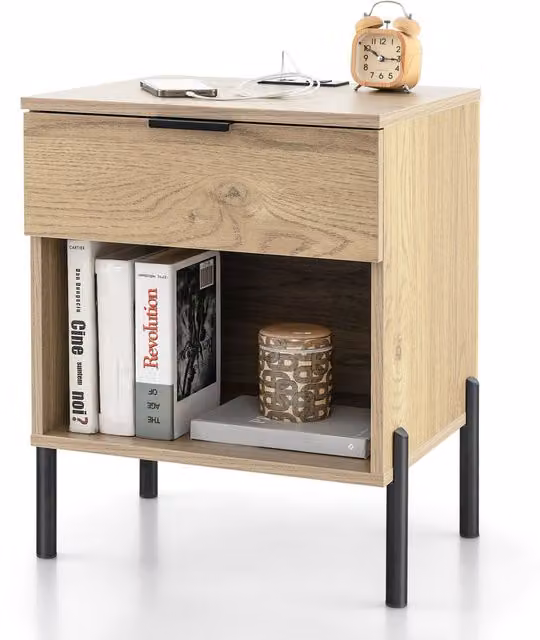 COSTWAY Mid-Century Modern Bedside Cabinet in Brown Wood and Metal