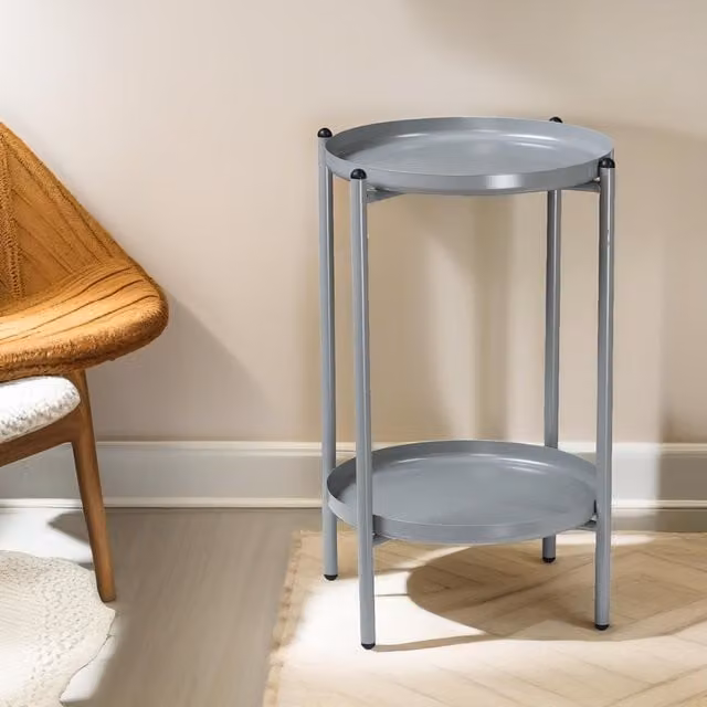 Pirlo Plush 2 Tier Round Metal Coffee Table in Grey