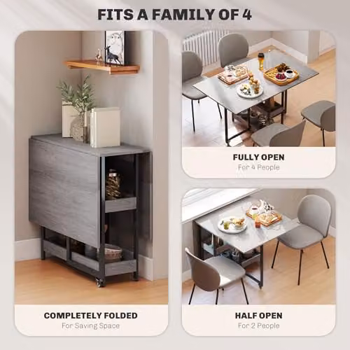 HOMCOM Grey Folding Drop-Leaf Dining Table for 4 Adults, W/D/H: 80 x 50.2 x 75 cm – 4