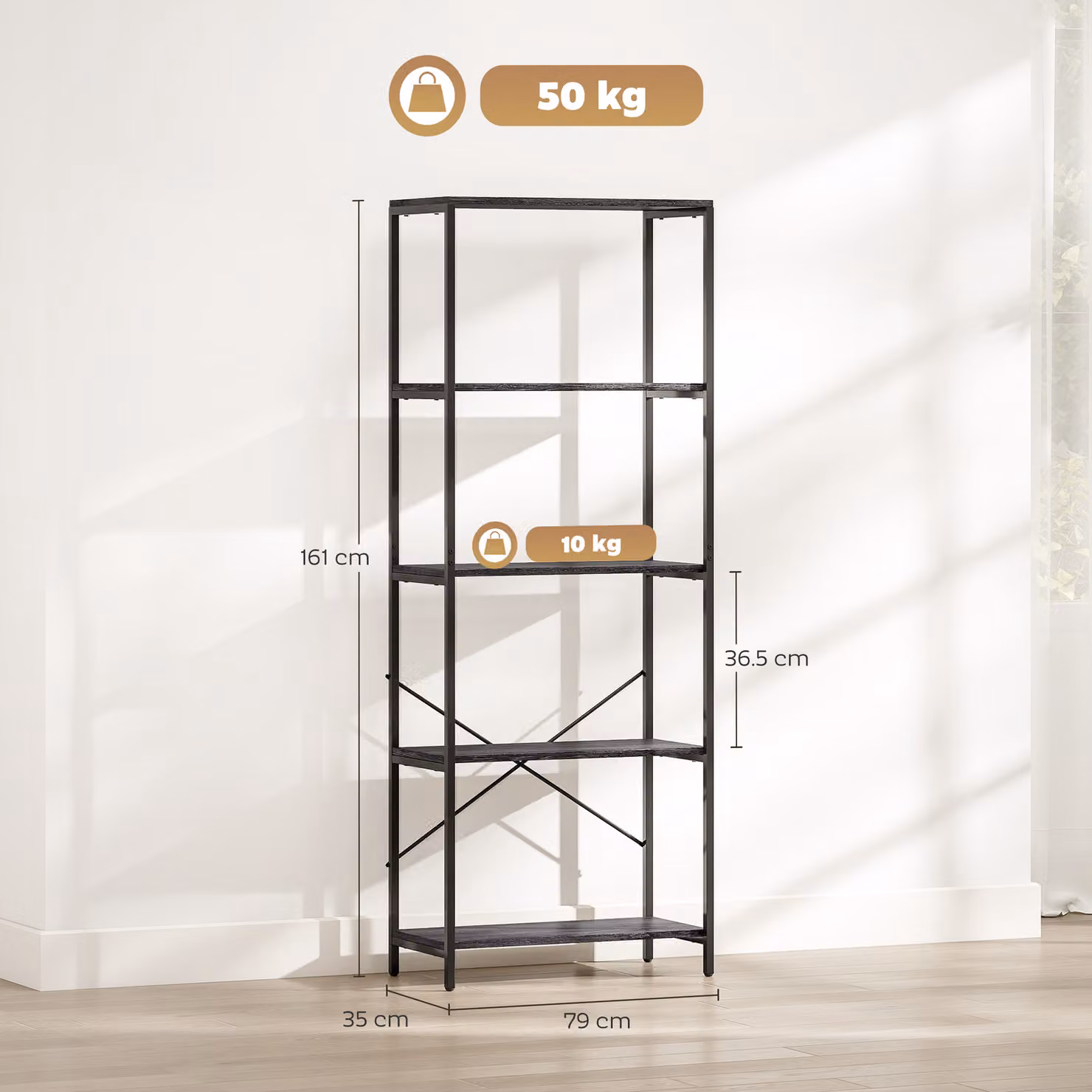 HOMCOM 5-Tier Industrial Bookshelf with Metal Frame in Dark Grey and Black – 3