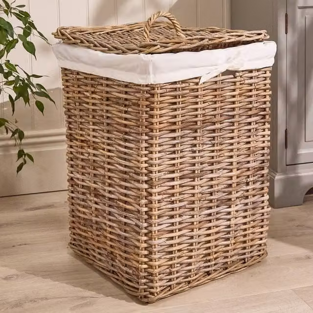 Dibor Natural Rattan Square Large Laundry Storage Basket with Lid and Removable Cotton Bag, H: 57 cm, W: 46 cm – 1