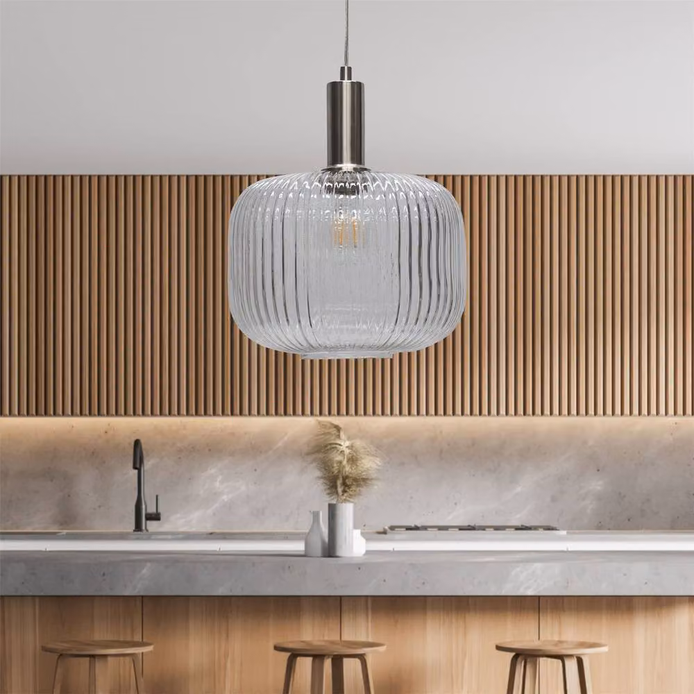 First Choice Lighting Batley Large Deco Pendant Lights, Set of 2, Clear Ribbed Glass and Silver Metal, Height: 116.5 cm, Width: 25.5 cm, Depth: 25.5 cm – 2