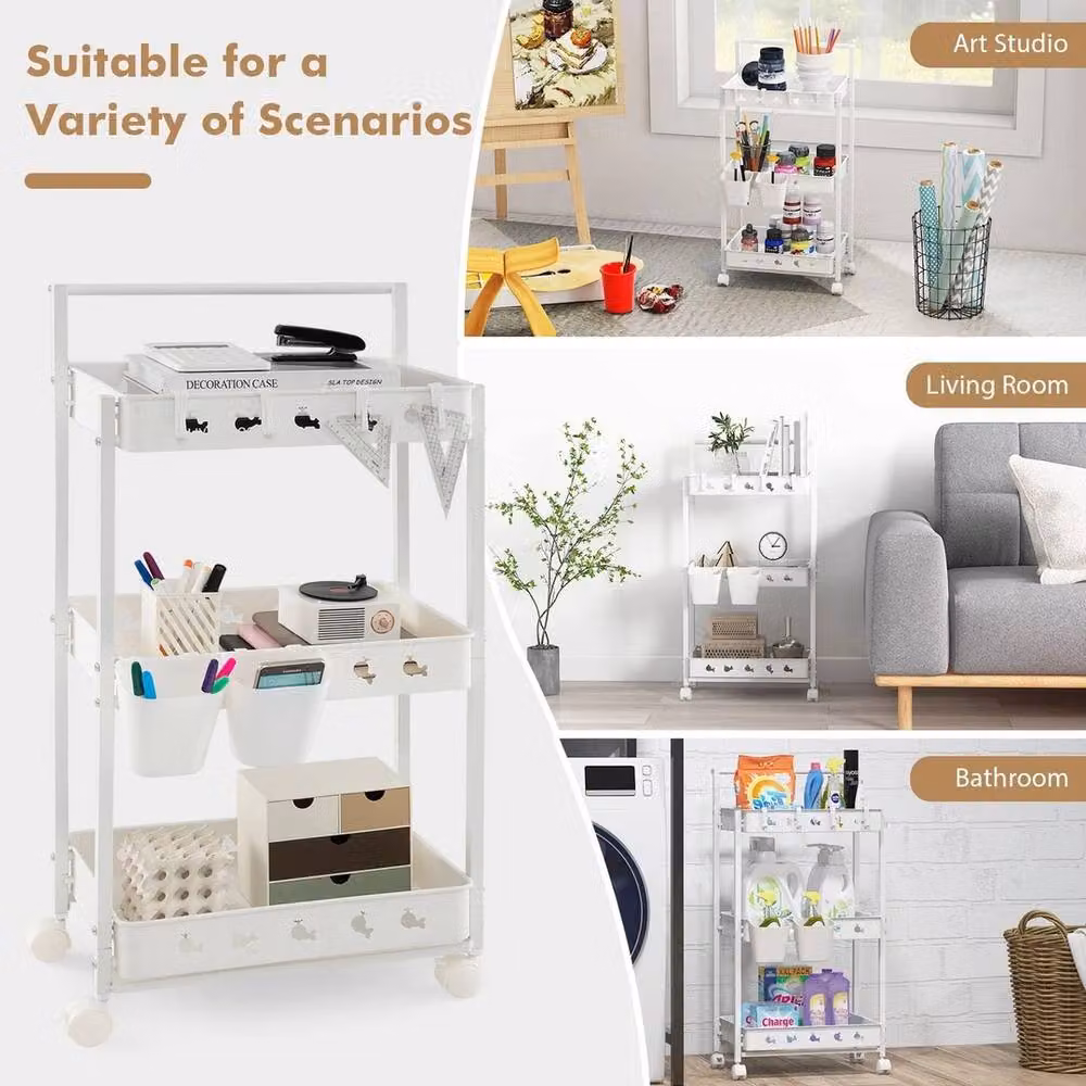 VOGREX 3-Tier Rolling Utility Storage Cart with 4 Hooks in White – 3