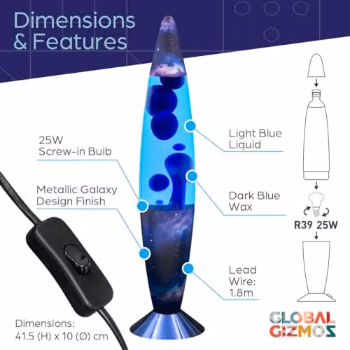 Global Gizmos 49009 Galaxy Lava Lamp in Blue with Matte Pattern Base, Height: 40.64 cm – 2