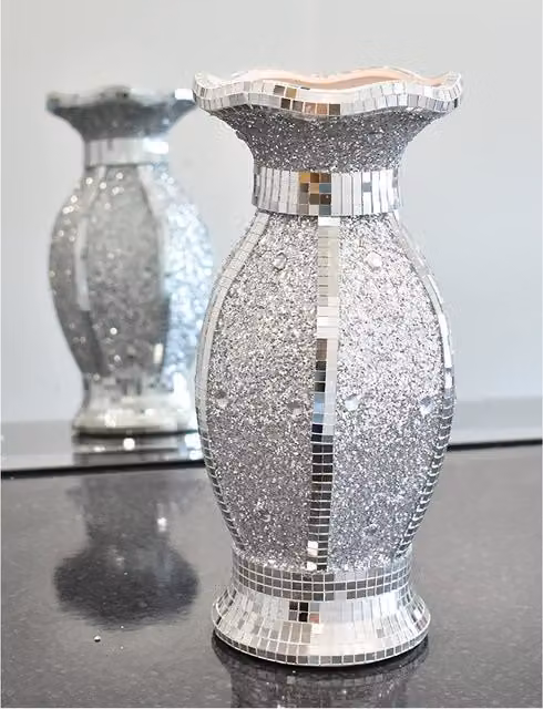DEENZ Silver Ceramic Mirrored Geometric Flower Pot with Glitter Finish