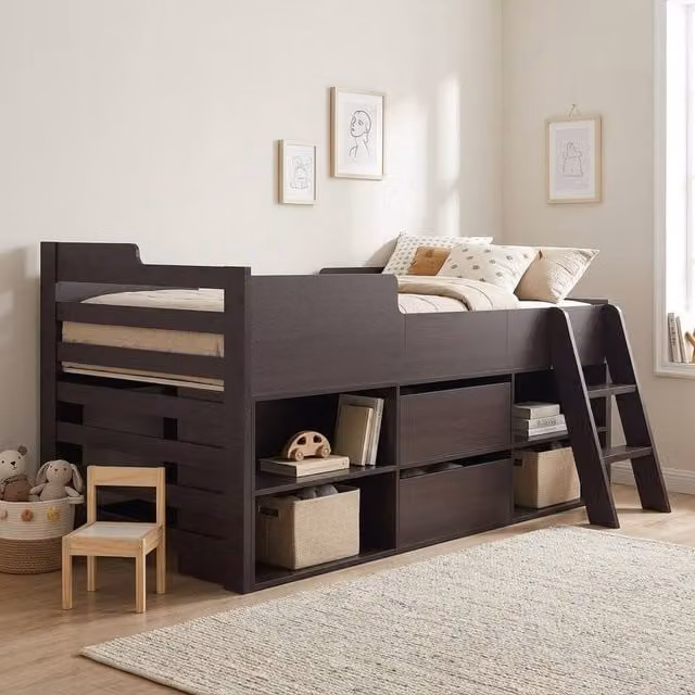 STILVORA Mid Sleeper Cabin Bed with Drawers and Shelves in Taupe/Beige, W/D/H: 90 x 190 cm