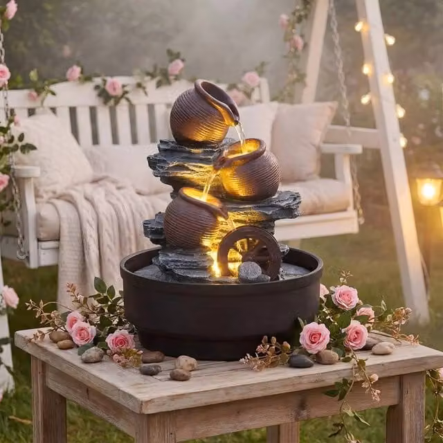 EONLION Tabletop Water Fountain with LED Light in Black