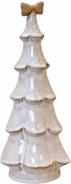 Four Candle Large Stone Glazed Ceramic Christmas Tree with Cream Bow, Off-White, Height: 25 cm