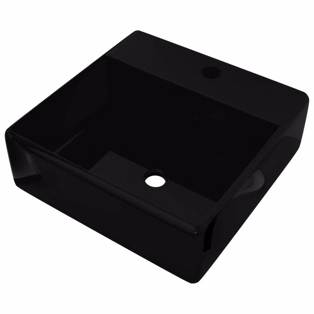 Berkfield Home Elegant Square Ceramic Bathroom Sink Basin in Black with Overflow – 3